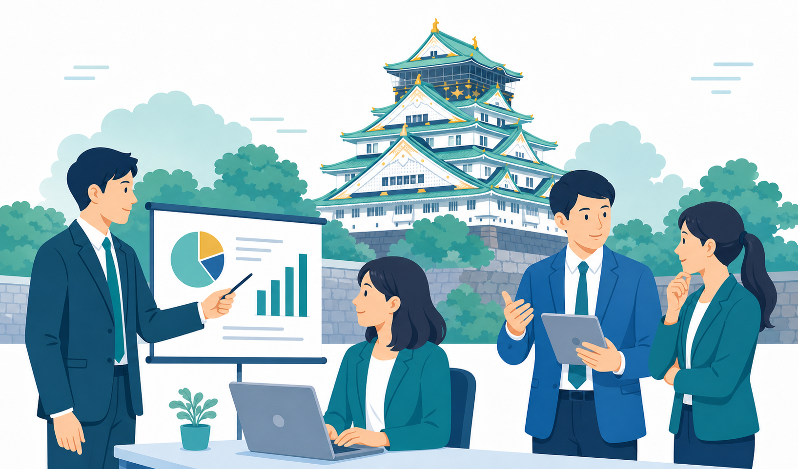 Original Style Figures With Osaka Castle Background